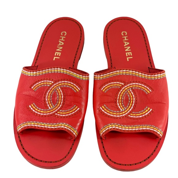 CHANEL Orange Leather Interlocking CC Stitching Women's Slides Sandals 36 - 6US - Picture 4 of 12
